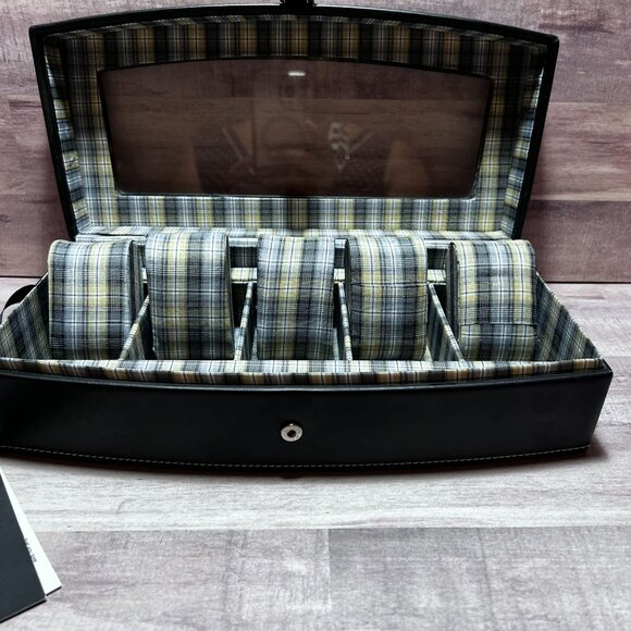 Drexel Heritage Mens Plaid Black Leatherette 5 Slot Watch Jewelry Organizer Box - Picture 3 of 10